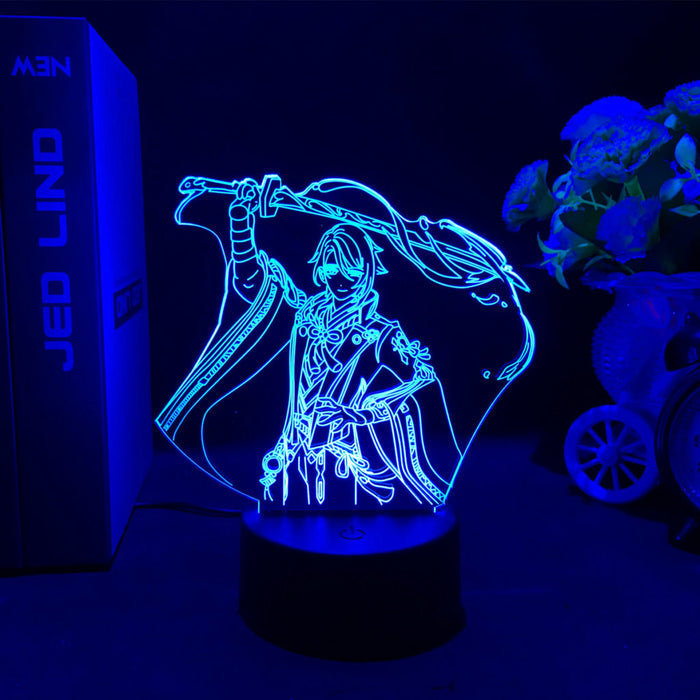 Ayato Genshin Impact LED Lamp: blue, black anime-style sword-wielding character, anime, line-art style