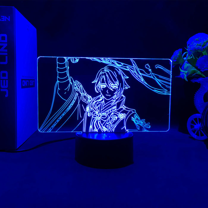 Ayato Genshin Impact LED Lamp: blue, black anime-style sword-wielding character, anime, line-art style
