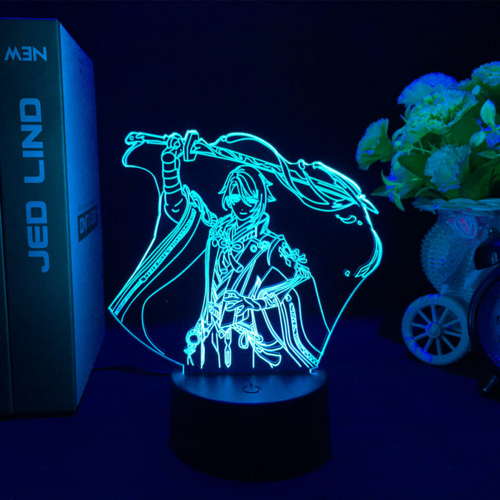 Ayato Genshin Impact LED Lamp: blue, black anime-style sword-wielding character, anime, line-art style