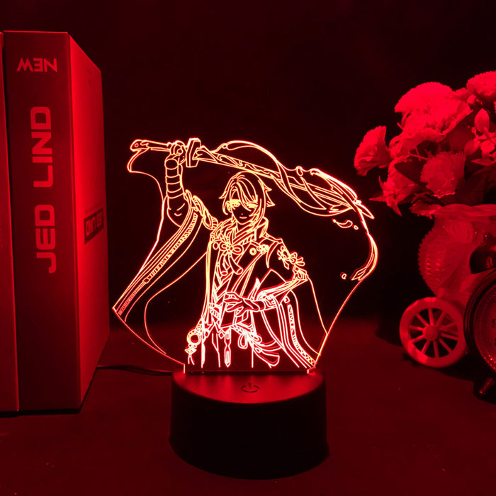 Ayato Genshin Impact LED Lamp: blue, black anime-style sword-wielding character, anime, line-art style