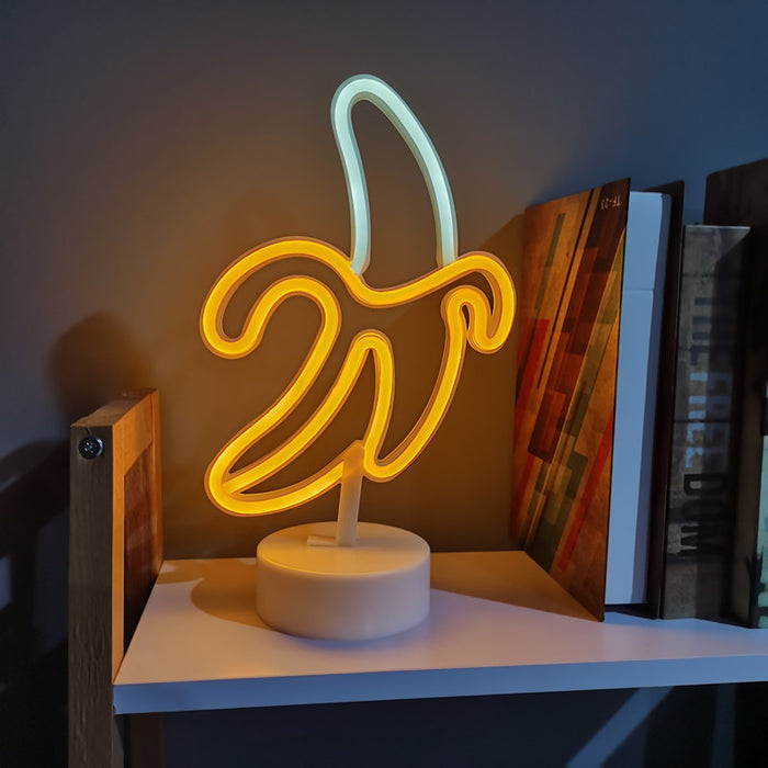 Banana Neon LED Night Lights: yellow, warm white banana, cartoon style