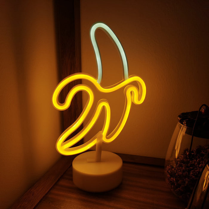 Banana Neon LED Night Lights: yellow, warm white banana, cartoon style