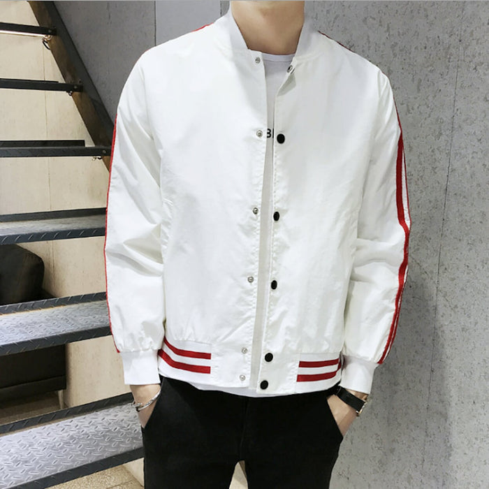 Baseball Jacket for Men with Stripes: white, red jacket, minimal sporty varsity-inspired style