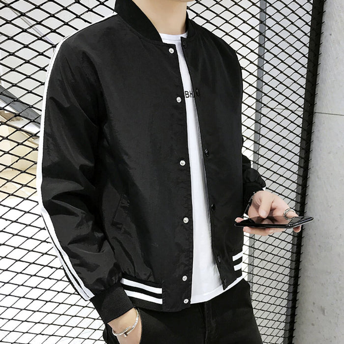 Baseball Jacket for Men with Stripes: white, red jacket, minimal sporty varsity-inspired style