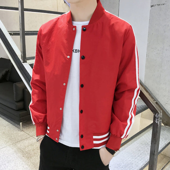 Baseball Jacket for Men with Stripes: white, red jacket, minimal sporty varsity-inspired style