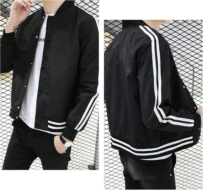 Baseball Jacket for Men with Stripes: white, red jacket, minimal sporty varsity-inspired style