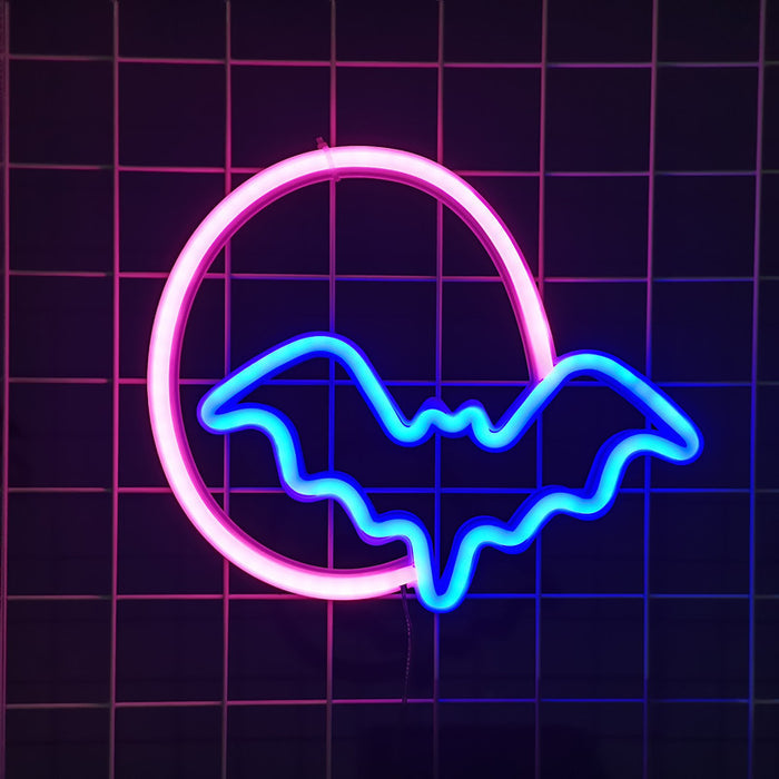 Bat Neon Sign with Customizable Placement: blue, pink bat, cartoon neon style