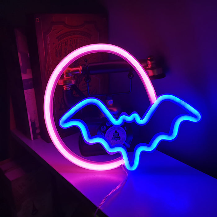 Bat Neon Sign with Customizable Placement: blue, pink bat, cartoon neon style