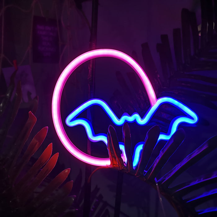 Bat Neon Sign with Customizable Placement: blue, pink bat, cartoon neon style