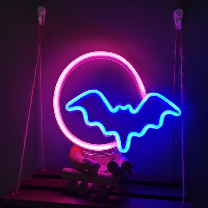 Bat Neon Sign with Customizable Placement: blue, pink bat, cartoon neon style
