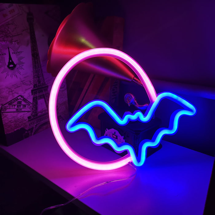 Bat Neon Sign with Customizable Placement: blue, pink bat, cartoon neon style