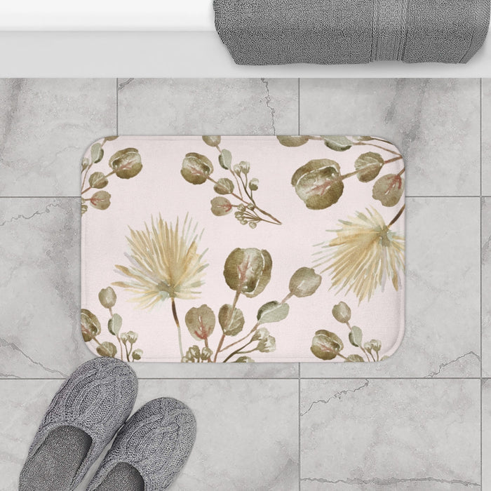 Bath Mat Home Accents, Garden Blooms: pale pink, olive green botanical floral theme, botanical watercolor style