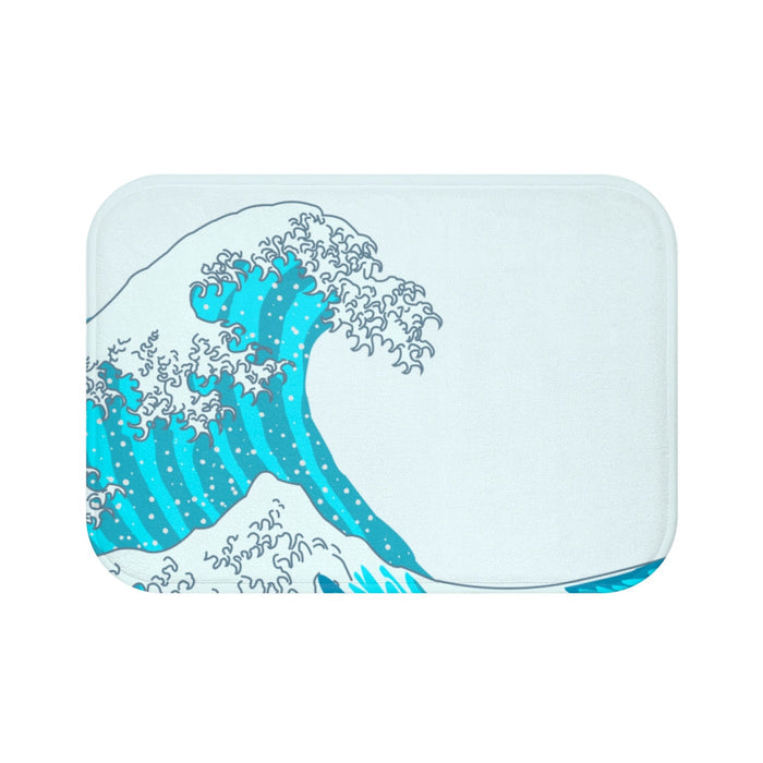 Bath Mat with Ripples: pale blue, turquoise ocean wave, Japanese woodblock-inspired cartoon illustration style