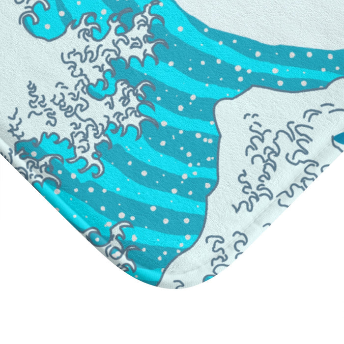 Bath Mat with Ripples: pale blue, turquoise ocean wave, Japanese woodblock-inspired cartoon illustration style