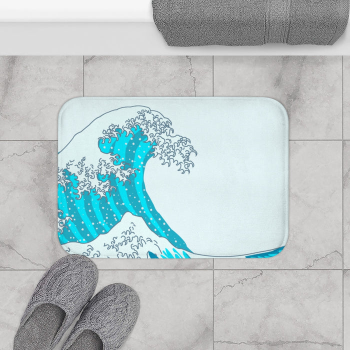 Bath Mat with Ripples: pale blue, turquoise ocean wave, Japanese woodblock-inspired cartoon illustration style