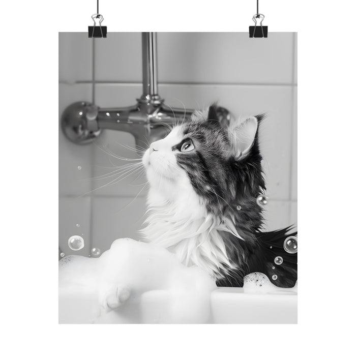 Bathroom Wall Art Print featuring Feline in Tub Decoration: black, white long-haired cat in a bathtub, realistic photographic