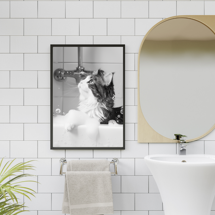Bathroom Wall Art Print featuring Feline in Tub Decoration: black, white long-haired cat in a bathtub, realistic photographic