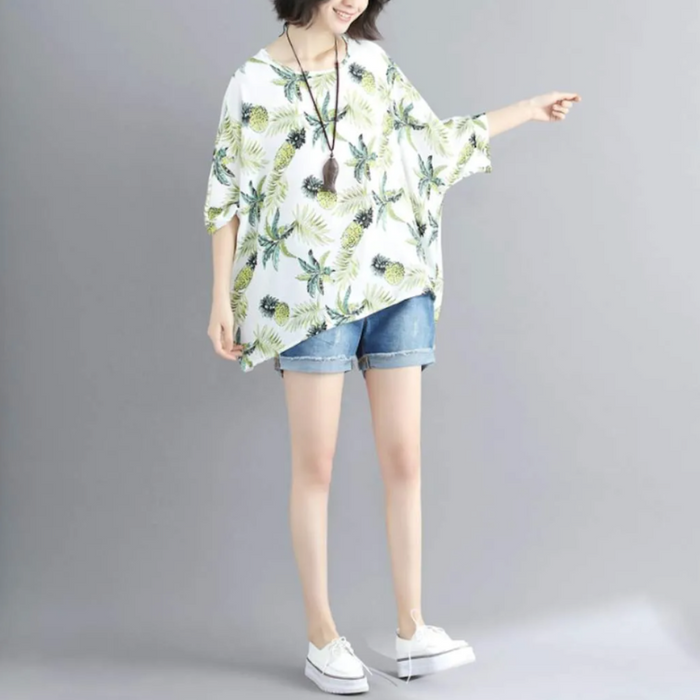 Batwing Top with Tropical Pineapple Print for Women: white, green tropical botanical print, casual tropical style