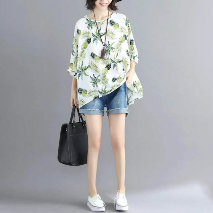 Batwing Top with Tropical Pineapple Print for Women: white, green tropical botanical print, casual tropical style