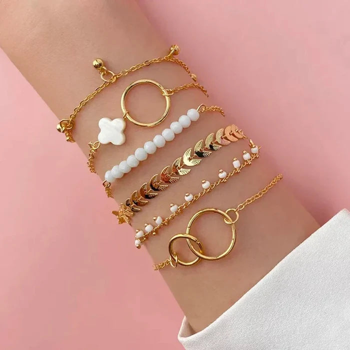 Beaded Bracelets Set with a Bohemian Vibe: gold, white bracelet set, minimal bohemian style