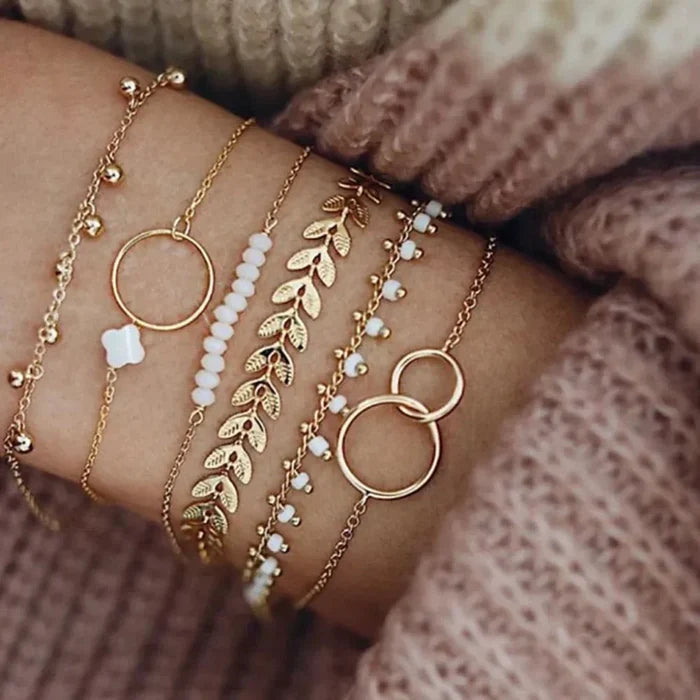 Beaded Bracelets Set with a Bohemian Vibe: gold, white bracelet set, minimal bohemian style