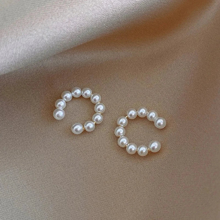 Beaded Cuff Earrings with Pearls: white, silver pair of beaded hoop earrings, minimal elegant style