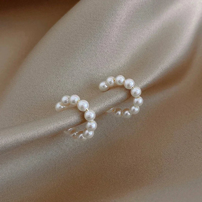 Beaded Cuff Earrings with Pearls: white, silver pair of beaded hoop earrings, minimal elegant style