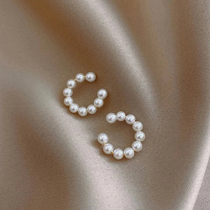 Beaded Cuff Earrings with Pearls: white, silver pair of beaded hoop earrings, minimal elegant style