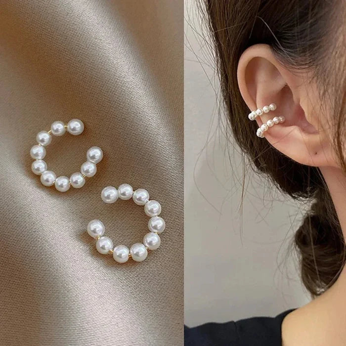 Beaded Cuff Earrings with Pearls: white, silver pair of beaded hoop earrings, minimal elegant style
