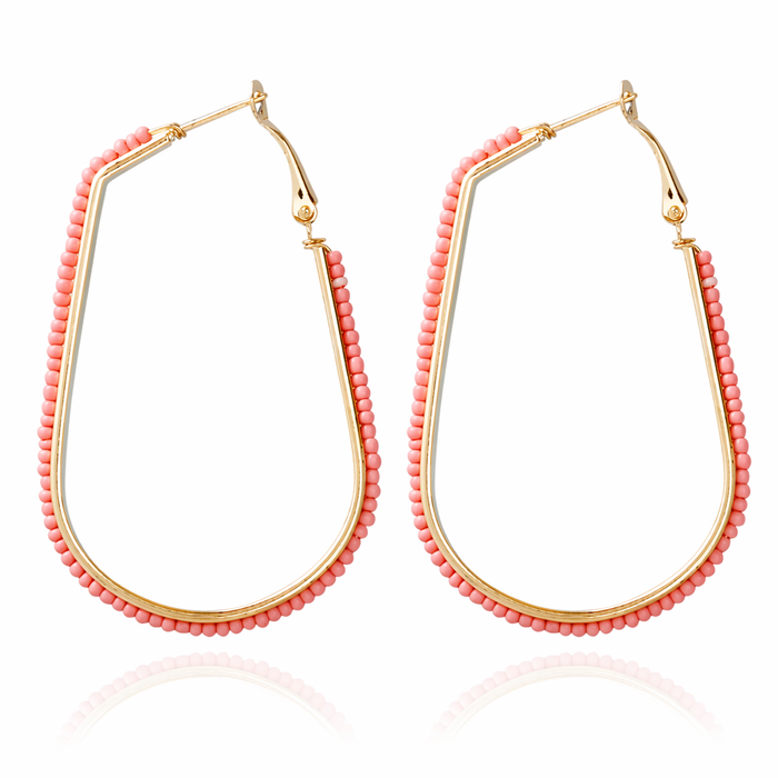 Beaded Elongated Circle Earrings Pink