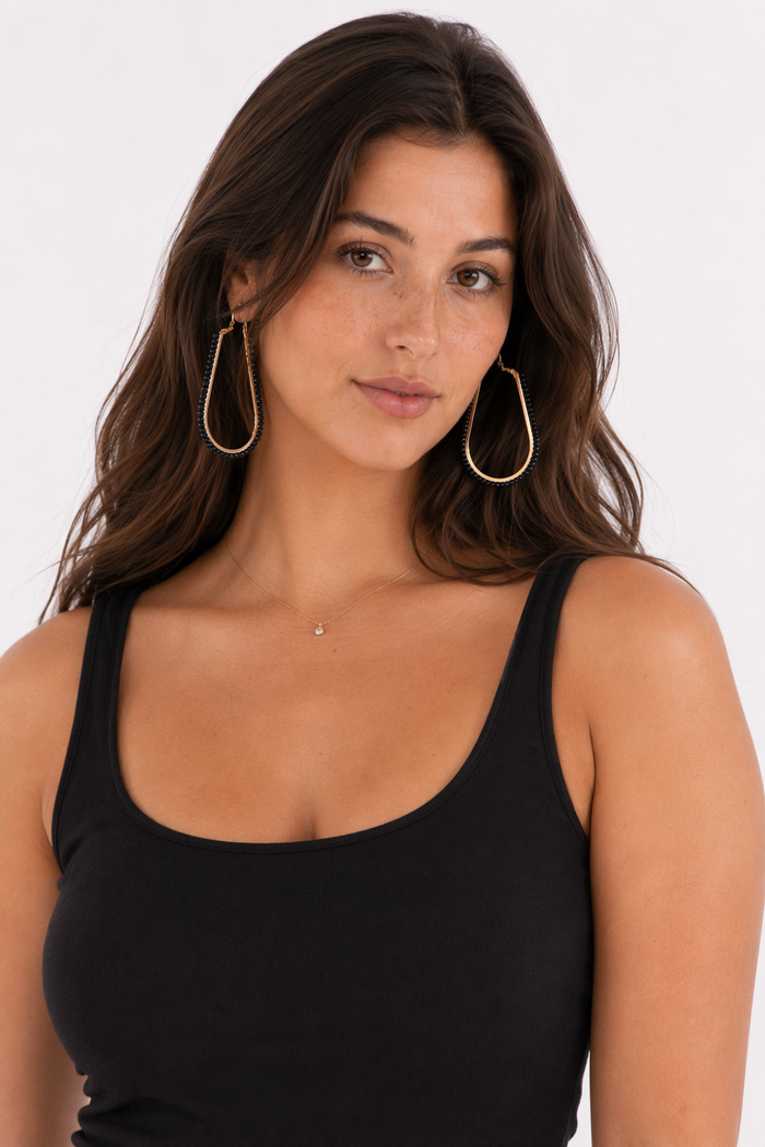 Beaded Elongated Circle Earrings Black