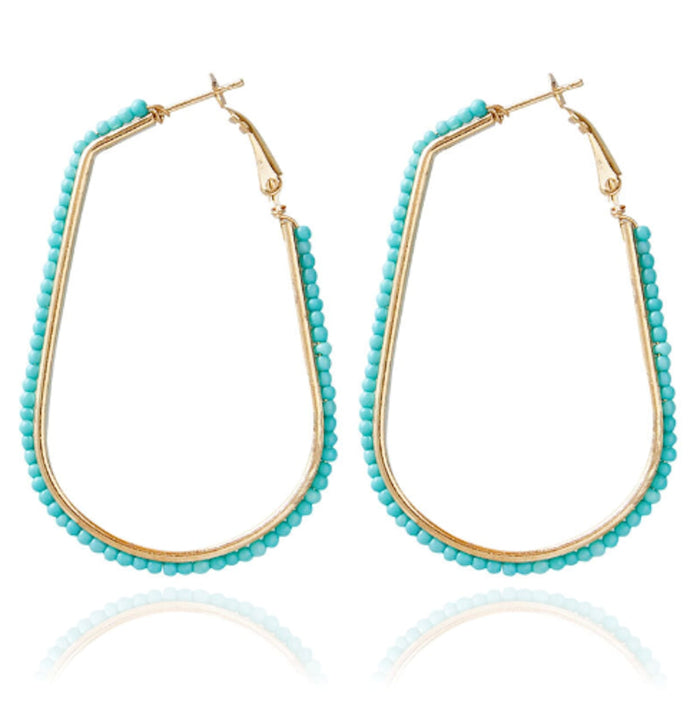 Beaded Elongated Circle Earrings: gold, turquoise blue pair of hoop earrings, minimal bohemian style