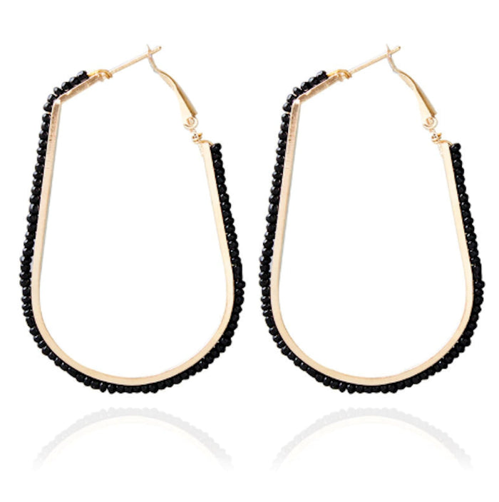 Beaded Elongated Circle Earrings: gold, turquoise blue pair of hoop earrings, minimal bohemian style