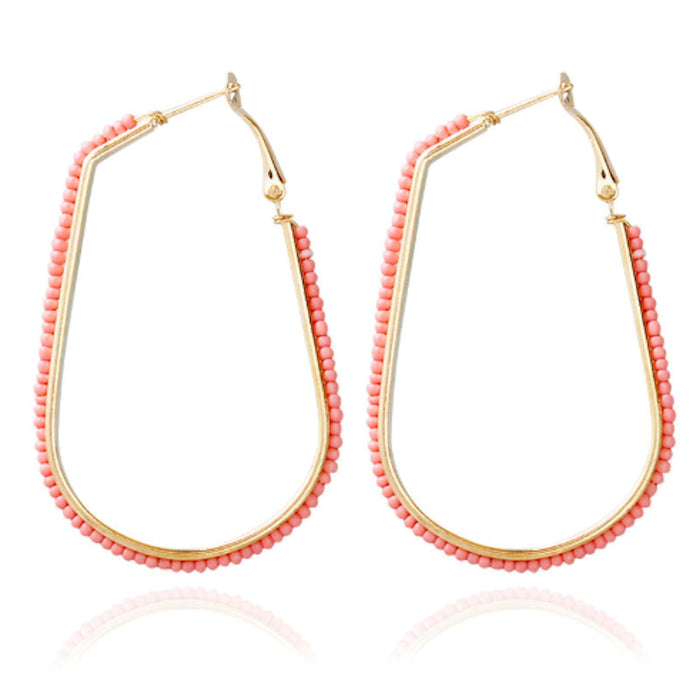 Beaded Elongated Circle Earrings: gold, turquoise blue pair of hoop earrings, minimal bohemian style