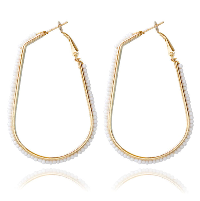 Beaded Elongated Circle Earrings: gold, turquoise blue pair of hoop earrings, minimal bohemian style