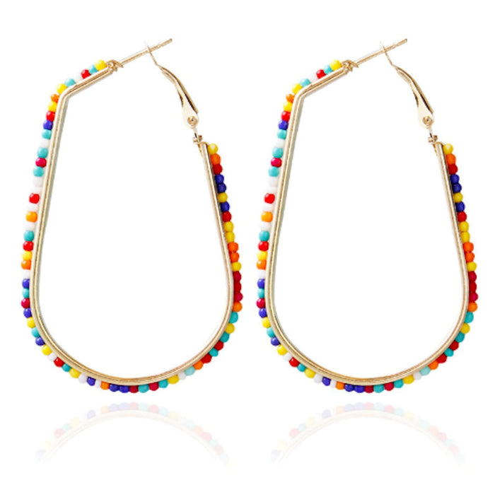 Beaded Elongated Circle Earrings: gold, turquoise blue pair of hoop earrings, minimal bohemian style