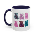 Bear-Shaped Coffee and Tea Mug with Gummy Bear Design: white, dark navy blue gummy bear characters, cartoon style