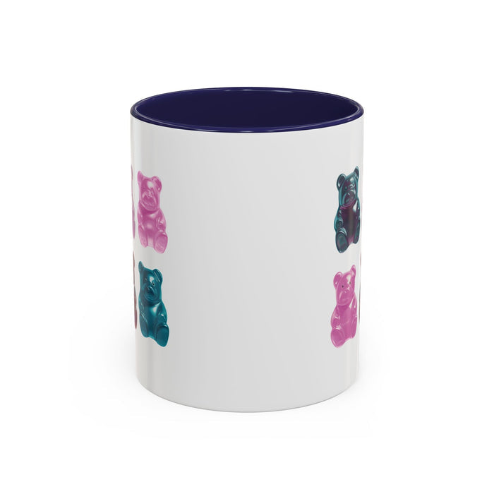 Bear-Shaped Coffee and Tea Mug with Gummy Bear Design: white, dark navy blue gummy bear characters, cartoon style