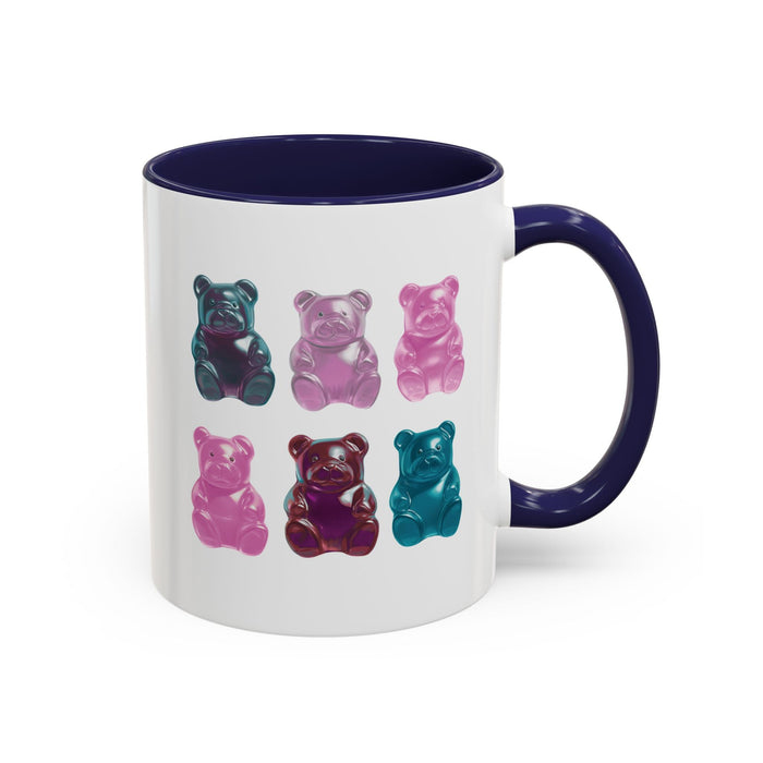 Bear-Shaped Coffee and Tea Mug with Gummy Bear Design: white, dark navy blue gummy bear characters, cartoon style