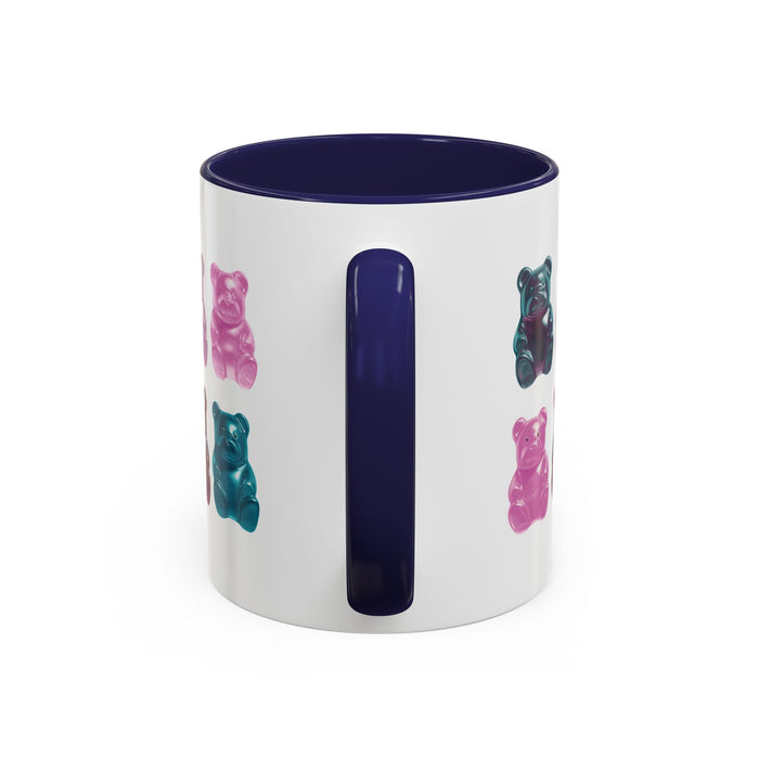 Bear-Shaped Coffee and Tea Mug with Gummy Bear Design: white, dark navy blue gummy bear characters, cartoon style