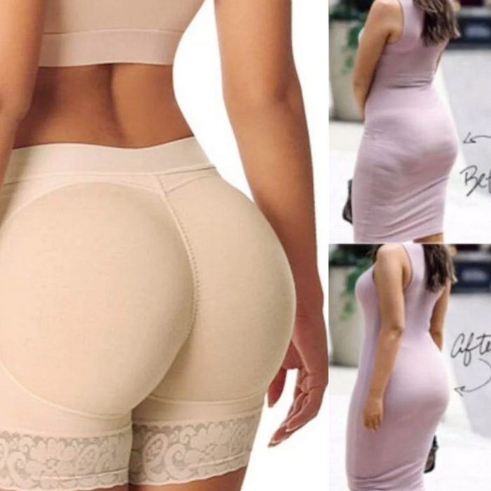 Beige Butt Lifting Padded Underwear: black, pink high-waisted shaping shorts/leggings, body-shaping lingerie/activewear promo