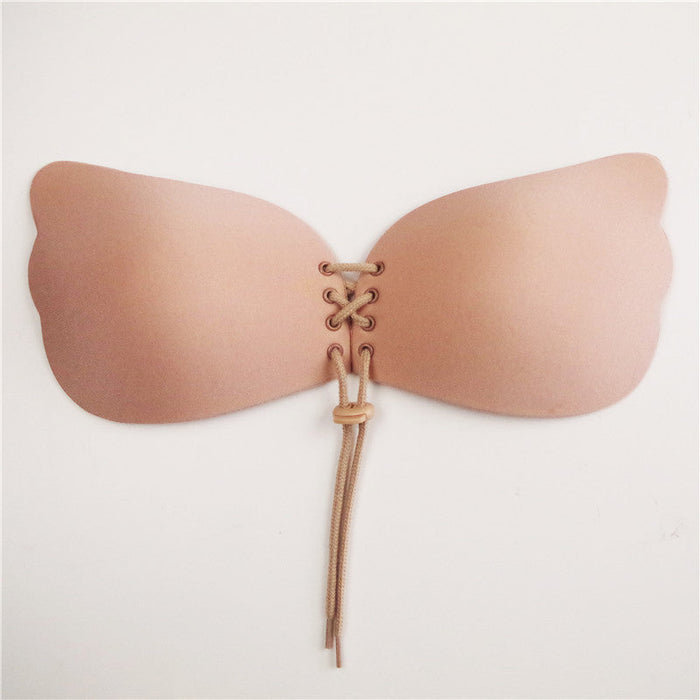 Beige Push Up Bra with Butterfly Design: nude beige, tan adhesive lace-up bra, minimal style