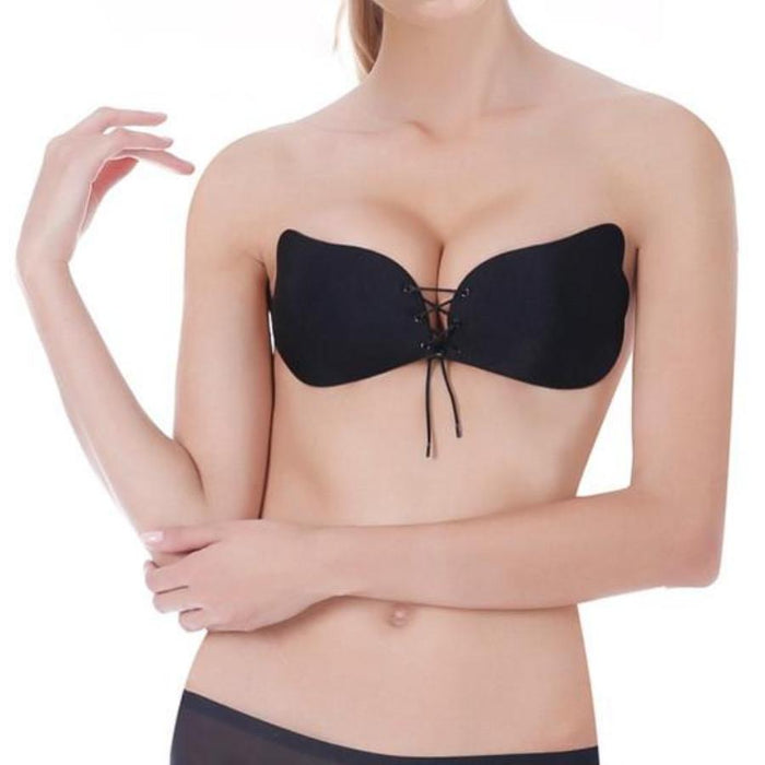 Beige Push Up Bra with Butterfly Design: nude beige, tan adhesive lace-up bra, minimal style