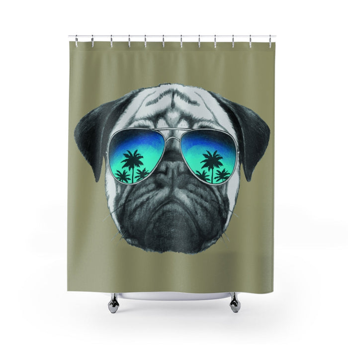 Beige Shower Curtains featuring a Pug Wearing Sunglasses: olive green, gray pug dog, cartoon graphic style