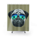 Beige Shower Curtains featuring a Pug Wearing Sunglasses: olive green, gray pug dog, cartoon graphic style