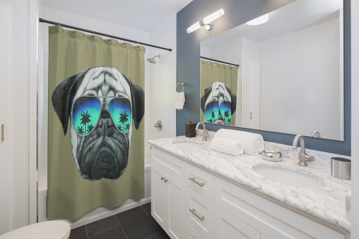 Beige Shower Curtains featuring a Pug Wearing Sunglasses: olive green, gray pug dog, cartoon graphic style