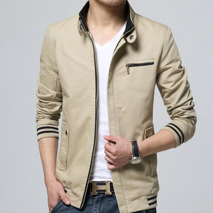 Beige Zip-up Jacket with Stand Collar for Men: beige, black jacket, minimal casual style