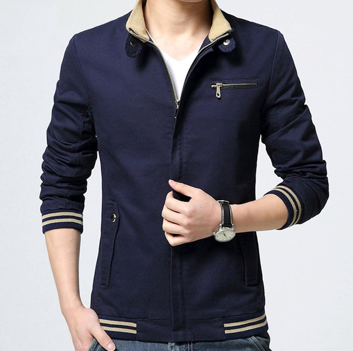 Beige Zip-up Jacket with Stand Collar for Men: beige, black jacket, minimal casual style