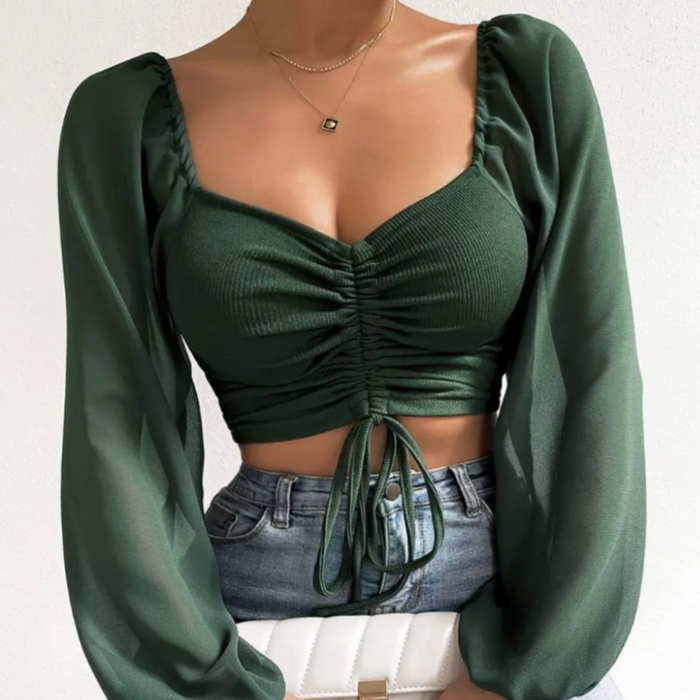 Bell Sleeve Summer Blouse for Women: dark green long-sleeve crop top, feminine style