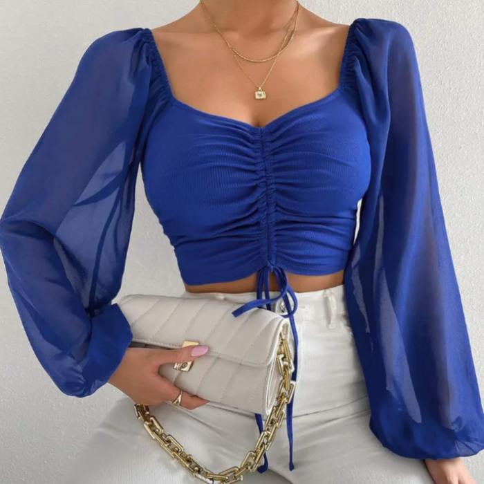 Bell Sleeve Summer Blouse for Women: dark green long-sleeve crop top, feminine style